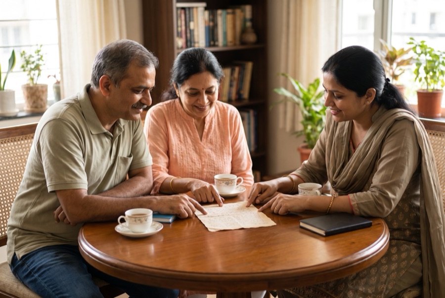 A couple going through their written family goals with a relationship manager