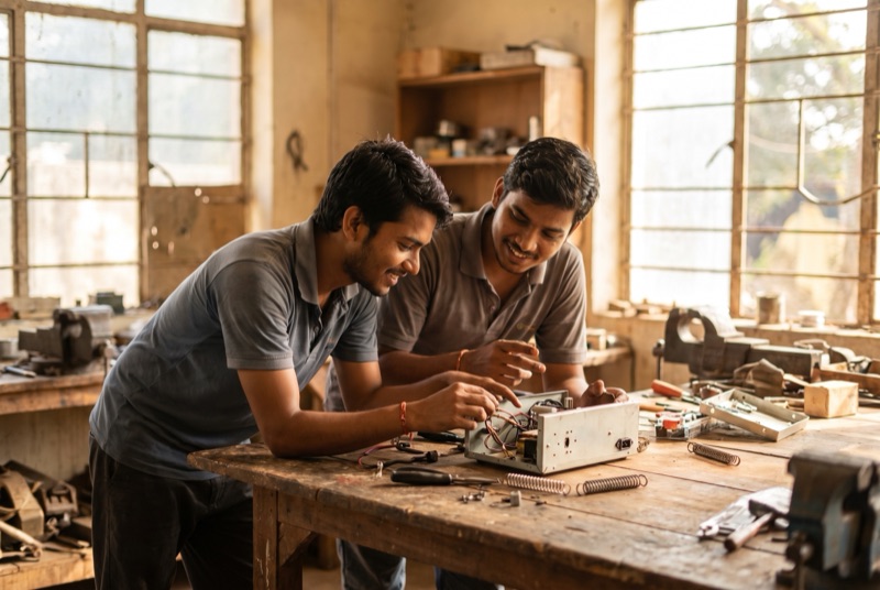 Two founders working on a prototype