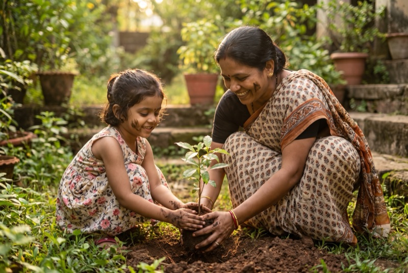 A mother and daughter planting a sapling