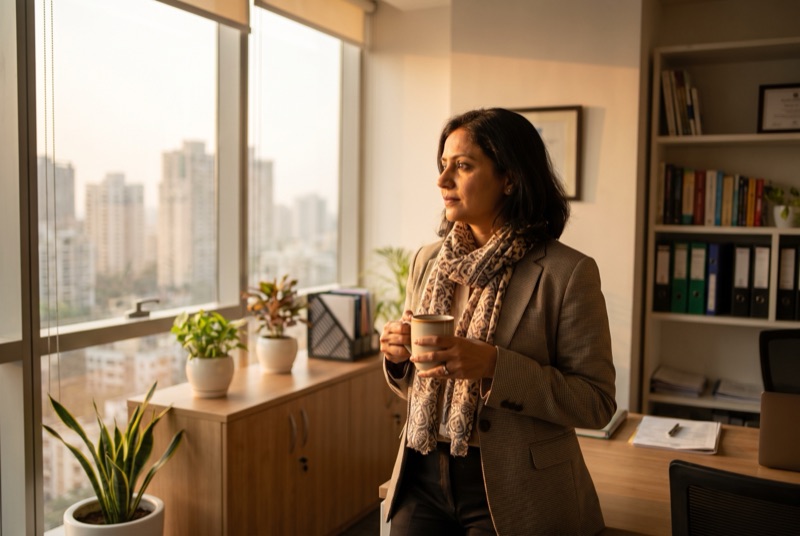 A portfolio manager looking out over a city