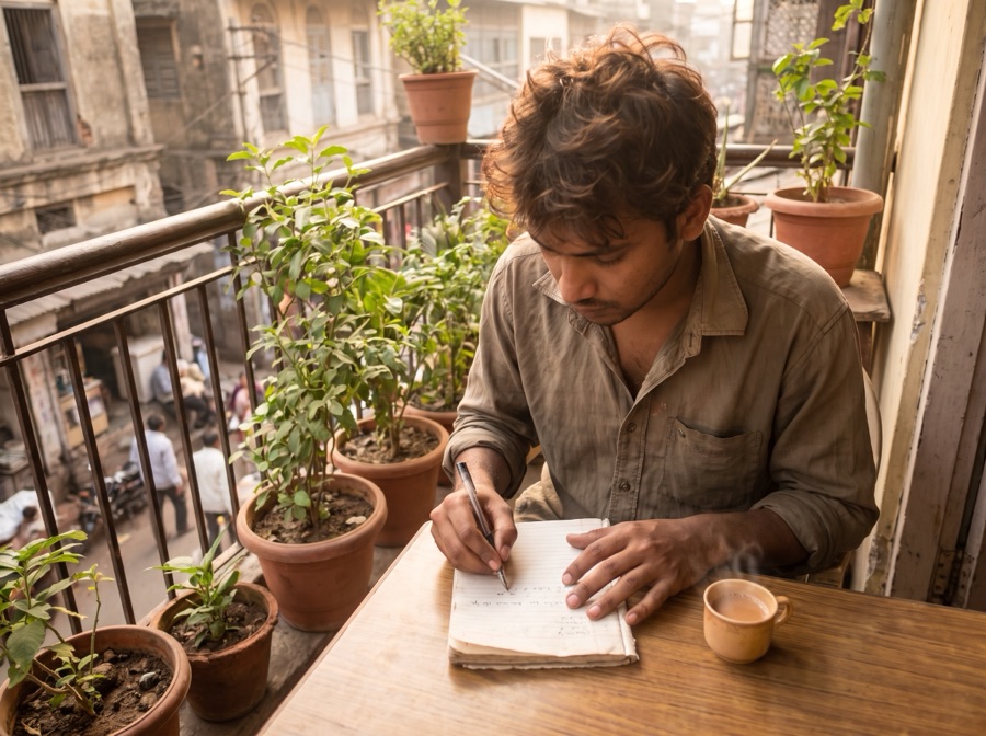 A young man writing in a notebook at a balcony table with plants and a cup of tea