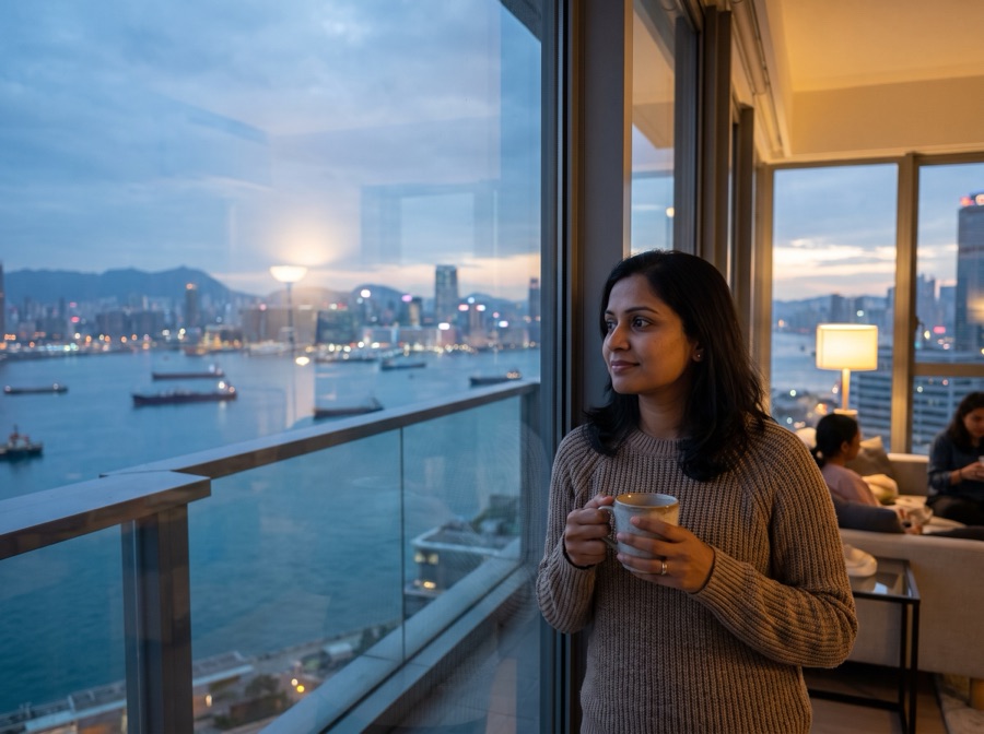 A woman with a cup of tea looking out over a harbour city at dusk