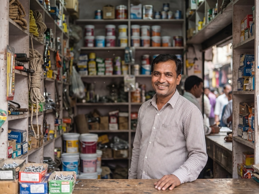 A shop owner smiling behind the counter of his hardware shop