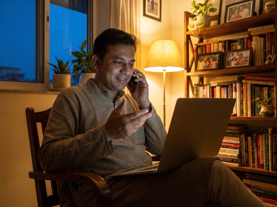 A man on a video call from his study abroad in the evening