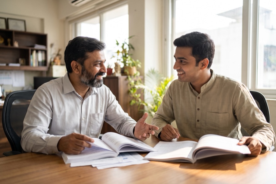 A research analyst and a client discussing printed company reports